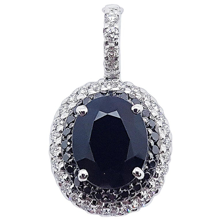 SJ2112 - Black Sapphire with Diamond and Black Diamond Pendant Set in 18 Karat White Gold