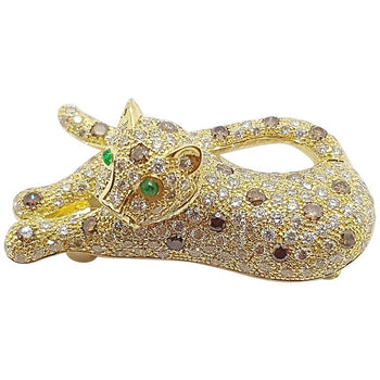 SJ2294 - Brown Diamond with Emerald Panther Brooch Set in 18 Karat Gold