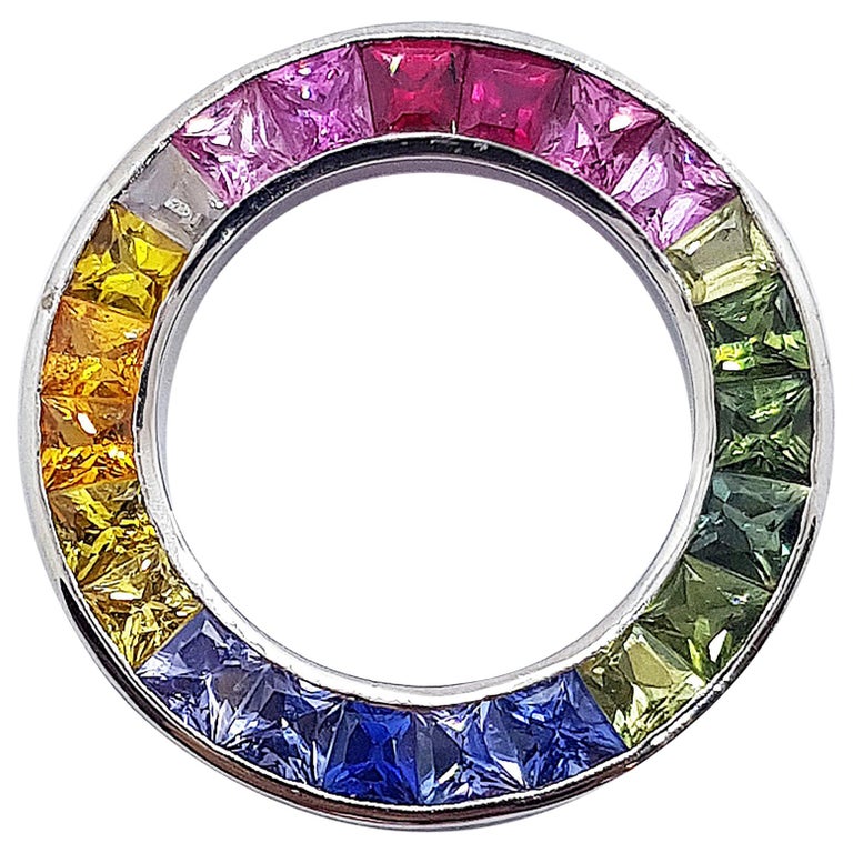 SJ6221 - Rainbow Colour Sapphire Circle Pendant Set in 18 Karat White Gold Settings
