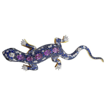 SJ1835 - Purple Sapphire, Blue Sapphire, Tsavorite and Diamond Lizard Brooch in 18K Gold