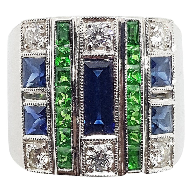 SJ1749 - Blue Sapphire, Tsavorite with Diamond Ring Set in 18 Karat White Gold Settings
