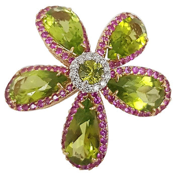 SJ1671 - Peridot with Pink Sapphire and Diamond Flower Rings Set in 18 Karat White Gold