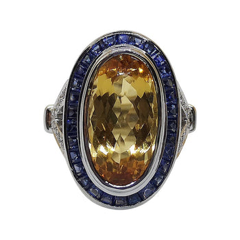 SJ2386 - Movel Shape Imperial Topaz, Blue Sapphire and Diamond Ring in 18k White Gold