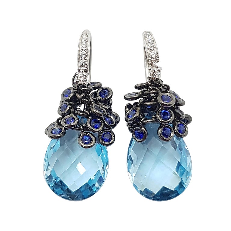 SJ2406 - Blue Topaz with Blue Sapphire and Diamond Earrings Set in 18 Karat White Gold