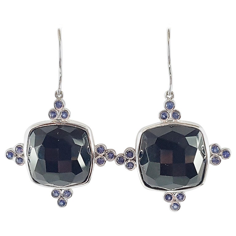 SJ2146 - Onyx with Blue Sapphire Earrings Set in 18 Karat White Gold Settings