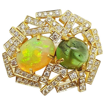 SJ6206 - Opal, Cabochon Green Tourmaline with Brown Diamond Ring Set in 18 Karat Gold