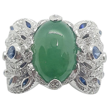 SJ1673 - Jade with Blue Sapphire and Diamond Ring Set in 18 Karat White Gold Settings