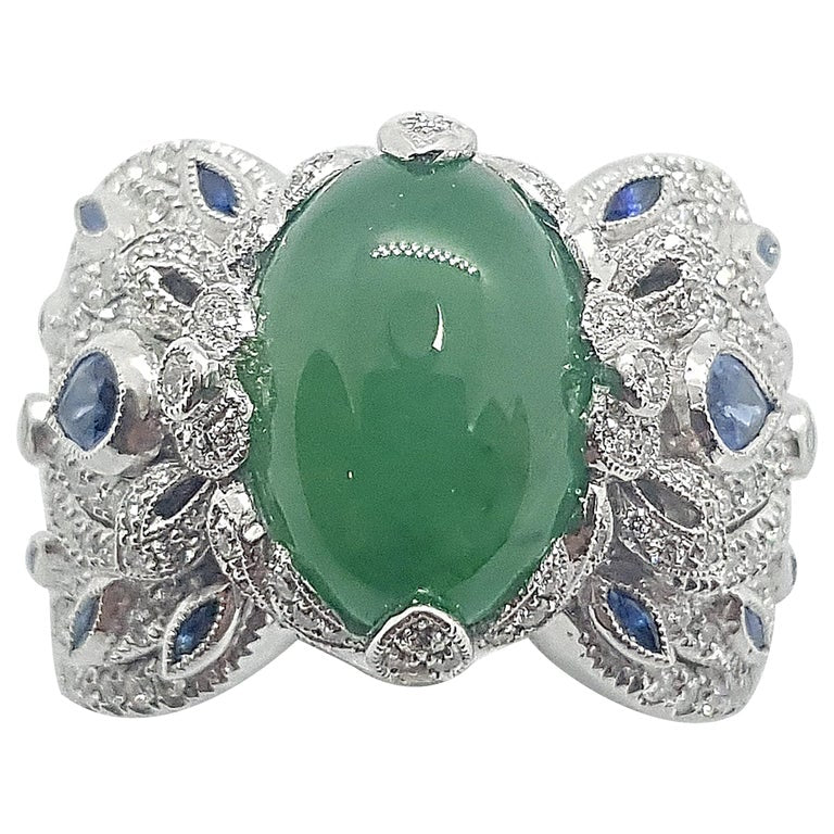 SJ1673 - Jade with Blue Sapphire and Diamond Ring Set in 18 Karat White Gold Settings