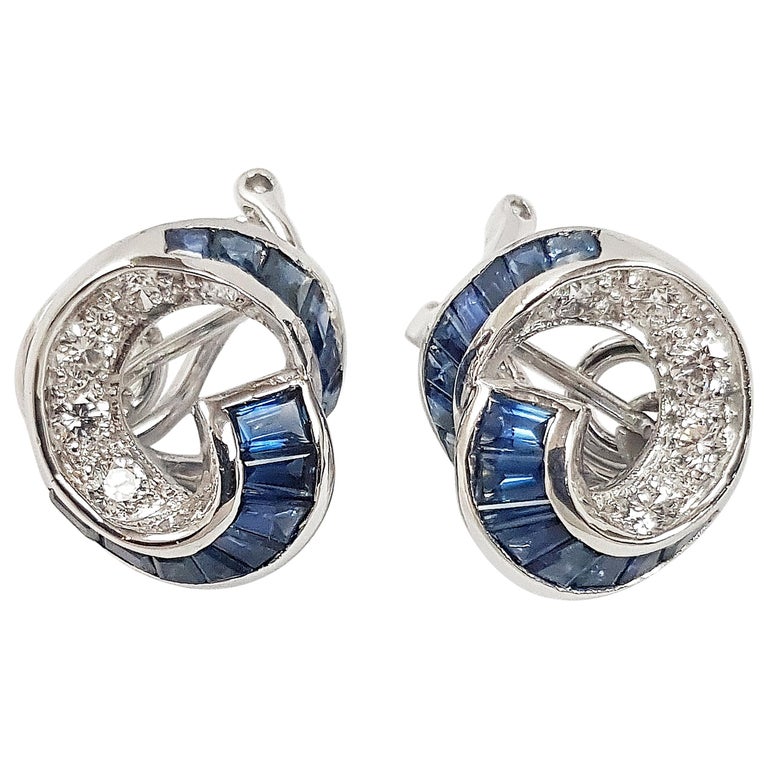 SJ2833 - Blue Sapphire with Diamond Earrings Set in 18 Karat White Gold Setting