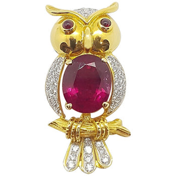 SJ6121 - Rubellite with Cabochon Ruby and Diamond Owl Brooch Set in 18k Gold Settings