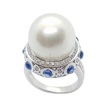 SJ2188 - South Sea Pearl with Cabochon Blue Sapphire and Diamond Ring 18 Karat White Gold