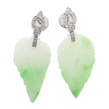 SJ6213 - Carve Jade with Diamond Leaf Earrings Set in 18 Karat White Gold Settings