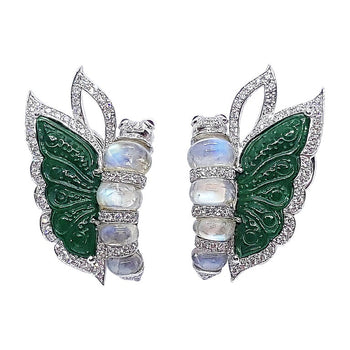 SJ2445 - Moonstone, Carve Jade, Ruby, Diamond Butterfly Earrings in 18k White Gold