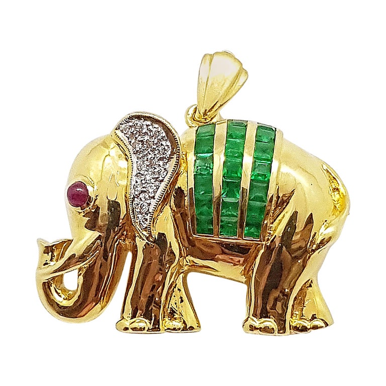 SJ6225 - Emerald with Diamond and Cabochon Ruby Brooch/Pendant Set in 18 Karat Gold