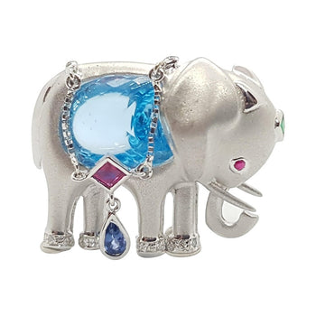SJ2335 - Blue Topaz with Blue Sapphire, Emerald Elephant Brooch/Pendant in 18K White Gold