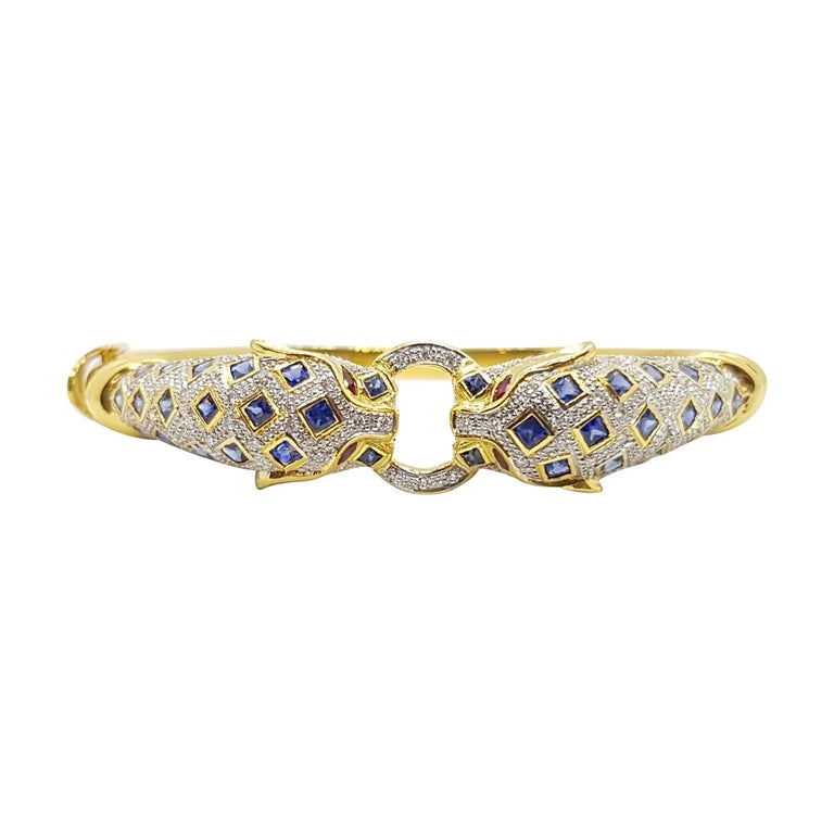 SJ1737 - Blue Sapphire with Ruby and Diamond Panther Bangle Set in 18 Karat Gold Settings