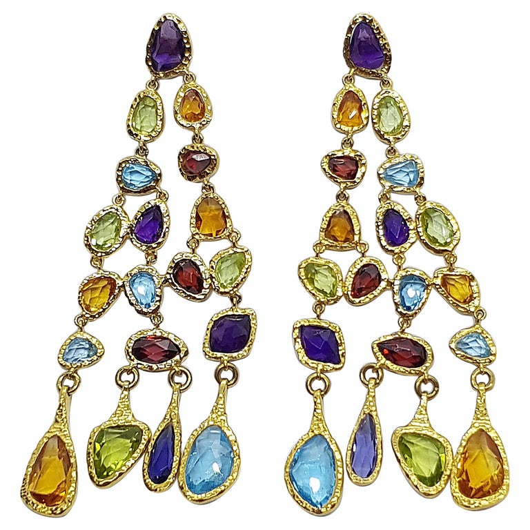 SJ2219 - Rainbow Colour Assorted Gemstones Earrings Set in 18 Karat Gold Settings