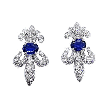 SJ1766 - Blue Sapphire with Diamond Fleur-de-lis Earrings Set in 18 Karat White Gold