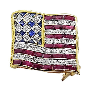 SJ6241 - Ruby with Blue Sapphire and Diamond American Flag Brooch in 18K Gold