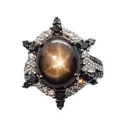 JR0941R - Black Star Sapphire & Black and White Diamond Ring in 18 K White Gold