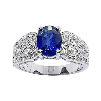 SJ2292 - Blue Sapphire with Diamond Ring Set in 18 Karat White Gold Settings