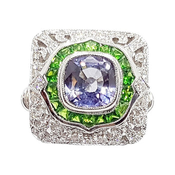 SJ1734 - Blue Sapphire with Tsavorite and Diamond Ring Set in 18 Karat White Gold Setting