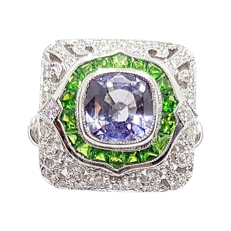 SJ1734 - Blue Sapphire with Tsavorite and Diamond Ring Set in 18 Karat White Gold Setting