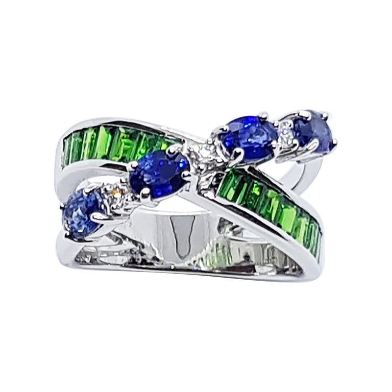 SJ2246 - Blue Sapphire and Tsavorite with Diamond Ring Set in 18 Karat White Gold Setting