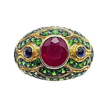 SJ2173 - Ruby with Cabochon Blue Sapphire and Tsavorite Ring Set in 18 Karat Gold Setting