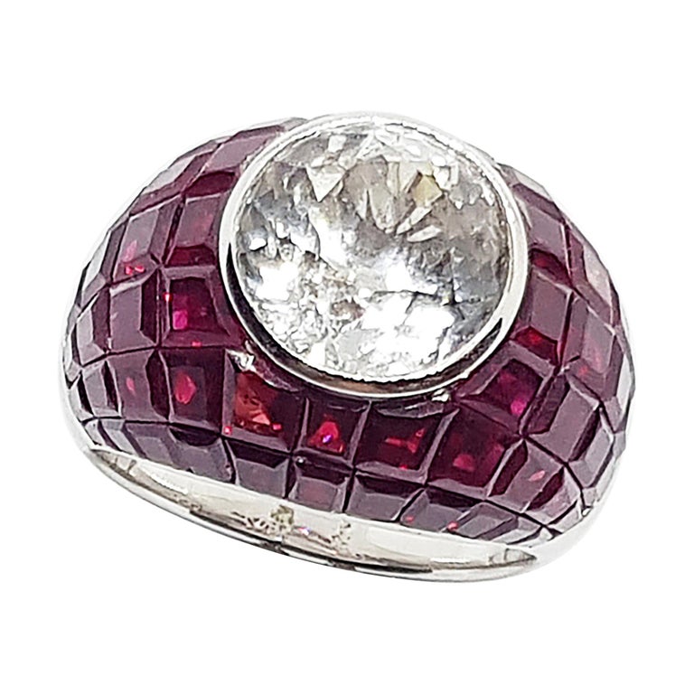 SJ6162 - White Sapphire with Ruby Ring Set in 18 Karat White Gold Settings