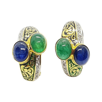 SJ2308 - Cabochon Blue Sapphire and Cabochon Emerald with Diamond Earrings 18 Karat Gold