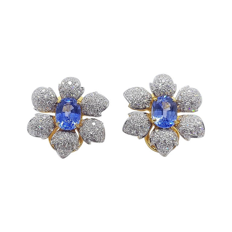 SJ1656 - Blue Sapphire with Diamond Flower Earrings Set in 18 Karat Gold Settings