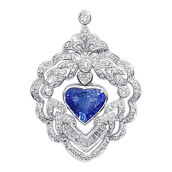 SJ1651 - Heart Shape Blue Sapphire with Diamond Pendant Set in 18 Karat White Gold