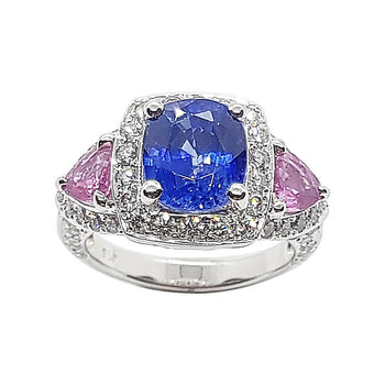 SJ1667 - Blue Sapphire with Pink Sapphire and Diamond Ring Set in 18 Karat White Gold