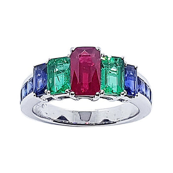 SJ1846 - Ruby, Emerald and Blue Sapphire Ring Set in 18 Karat White Gold Settings