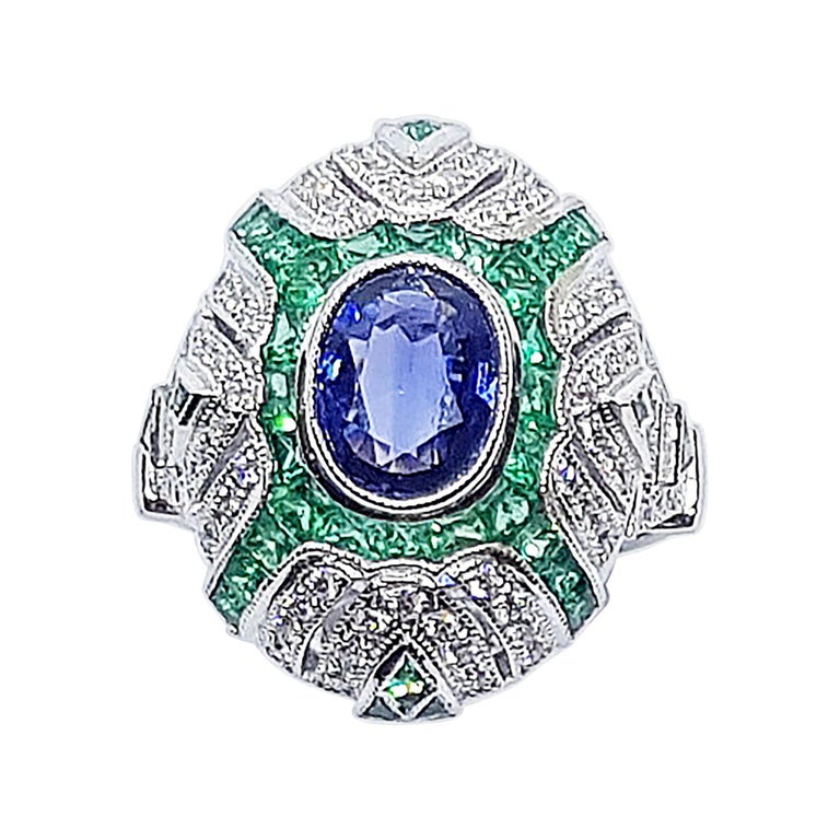 SJ6096 - Blue Sapphire with Emerald and Diamond Ring Set in 18 Karat White Gold Settings