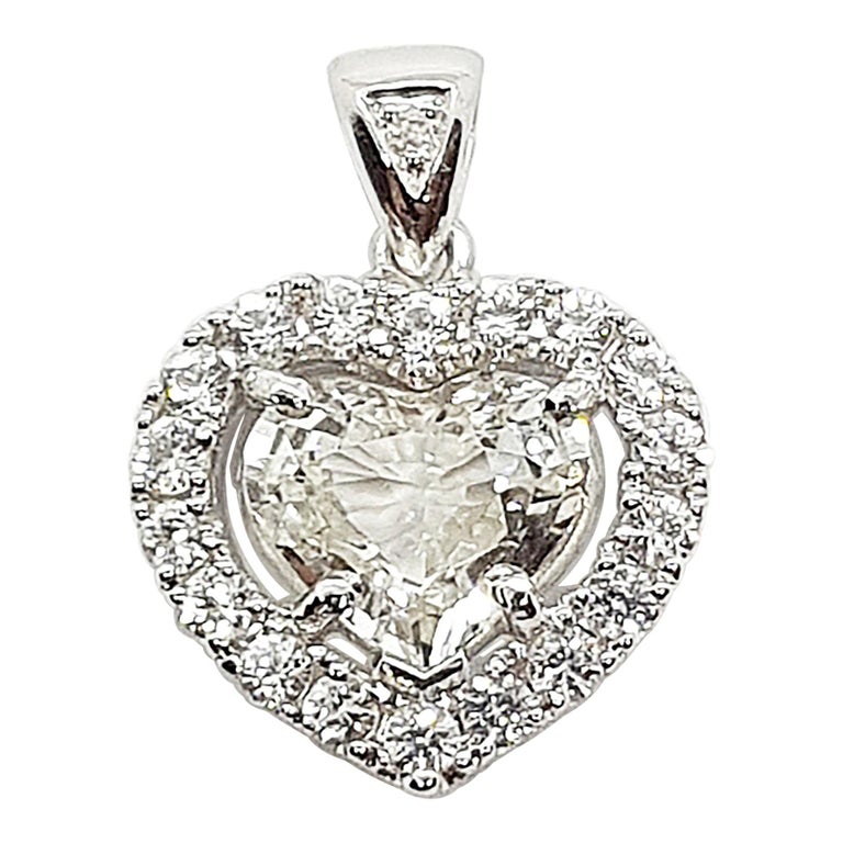 SJ1988 - Heart Shape White Sapphire with Diamond Pendant Set in 18 Karat White Gold