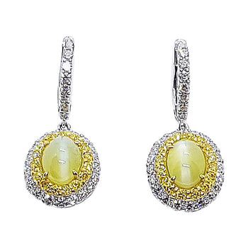 SJ6133 - Cat's Eye Chrysoberyl, Diamond and Yellow Diamond Earrings in 18k White Gold