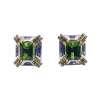 SJ1727 - Green Tourmaline with Blue Sapphire and Brown Diamond Earrings in 18 Karat Gold