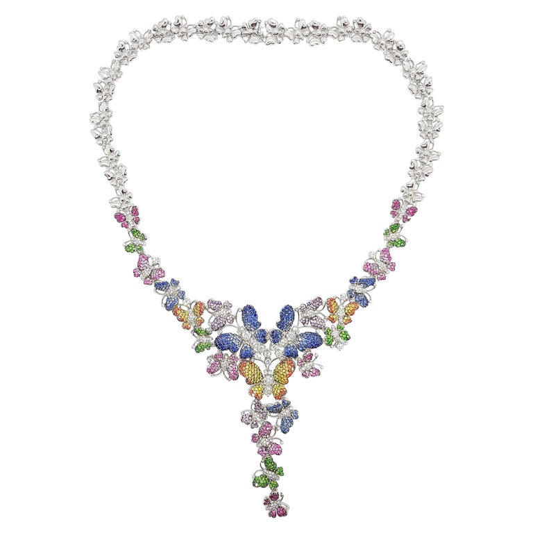 SJ1650 - Sapphires, Ruby, Tsavorite and Diamond Butterfly Necklace in 18k White Gold