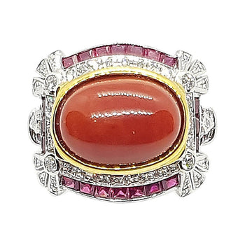 SJ1695 - Coral with Ruby and Diamond Ring Set in 18 Karat White Gold Settings