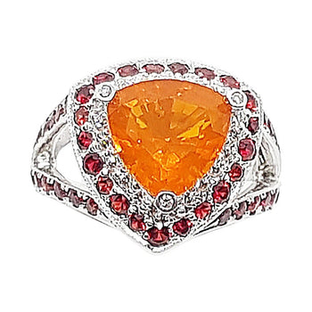 SJ6176 - Fire Opal with Orange Sapphire and Diamond Ring in 18 Karat White Gold Settings