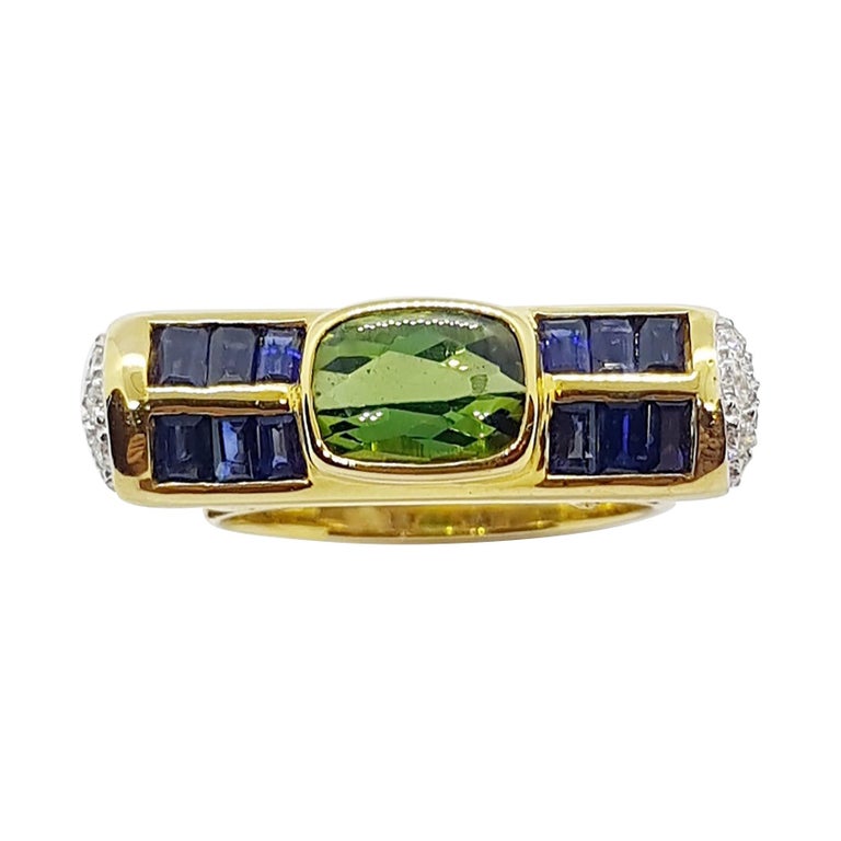 SJ1709 - Green Tourmaline, Blue Sapphire with Diamond Ring Set in 18 Karat Gold Settings