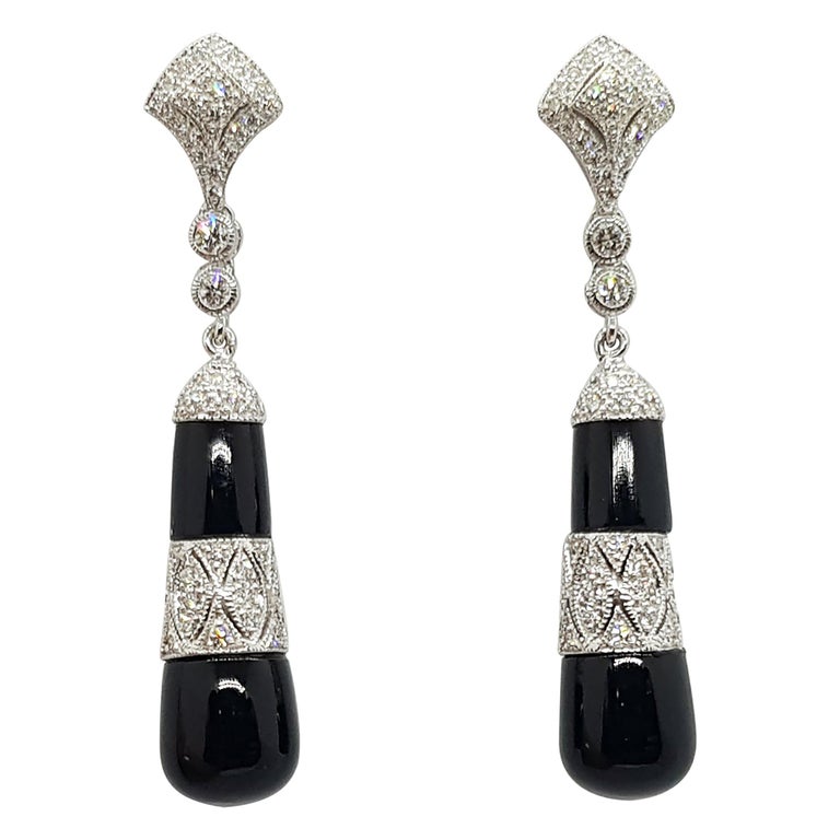 SJ6181 - Onyx with Diamond Earrings Set in 18 Karat White Gold Settings