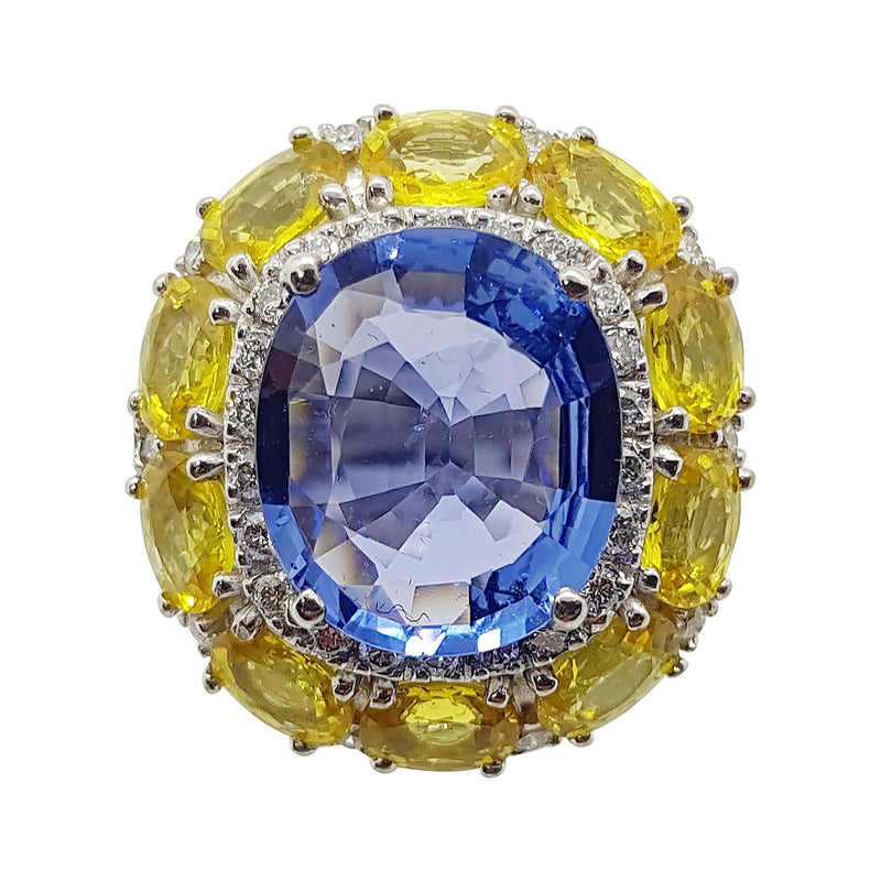 SJ2535 - Blue Sapphire with Yellow Sapphire and Diamond Ring Set in 18 Karat White Gold