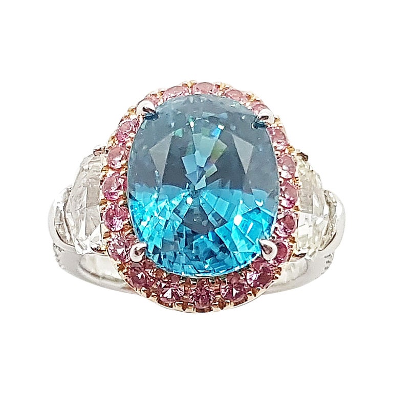 SJ1449 - Blue Zircon with Pink Sapphire, White Sapphire Ring set in 18 Karat White Gold