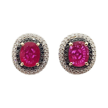 SJ1555 - Ruby with Black Diamond and Diamond Earrings Set in 18 Karat White Gold Settings