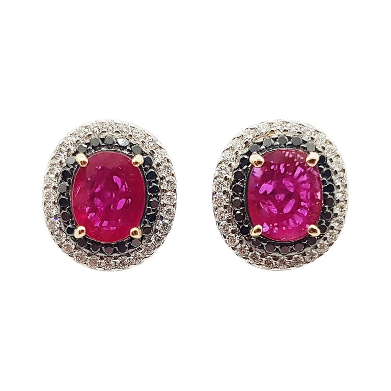 SJ1555 - Ruby with Black Diamond and Diamond Earrings Set in 18 Karat White Gold Settings