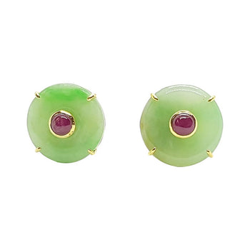 SJ1440 - Jade with Cabochon Ruby Earrings Set in 18 Karat Gold Settings