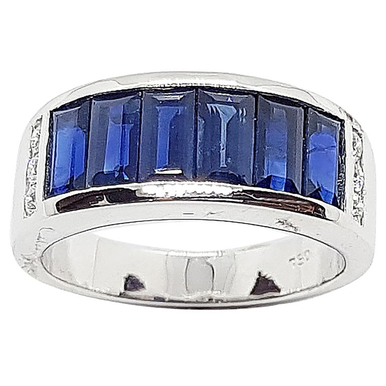 SJ1357 - Baguette Blue Sapphire with Diamond Band Ring Set in 18 Karat White Gold